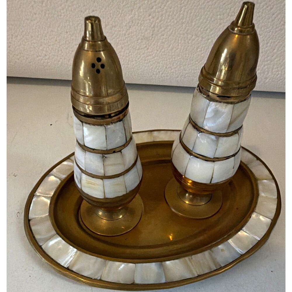 Vintage Gold Tone Metal Mother of Pearl Salt & Pepper Shakers w/ Oval Tray 3pc